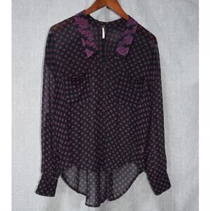 Free People Black Sheer Polka Dot Floral Button Blouse S